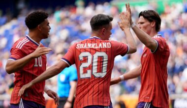 Lawrence Shankland celebrates with Che Adams and Scott McTominay for Scotland