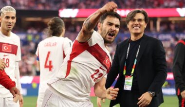Turkey's Kaan Ayhan celebrates his winning goal for Turkey