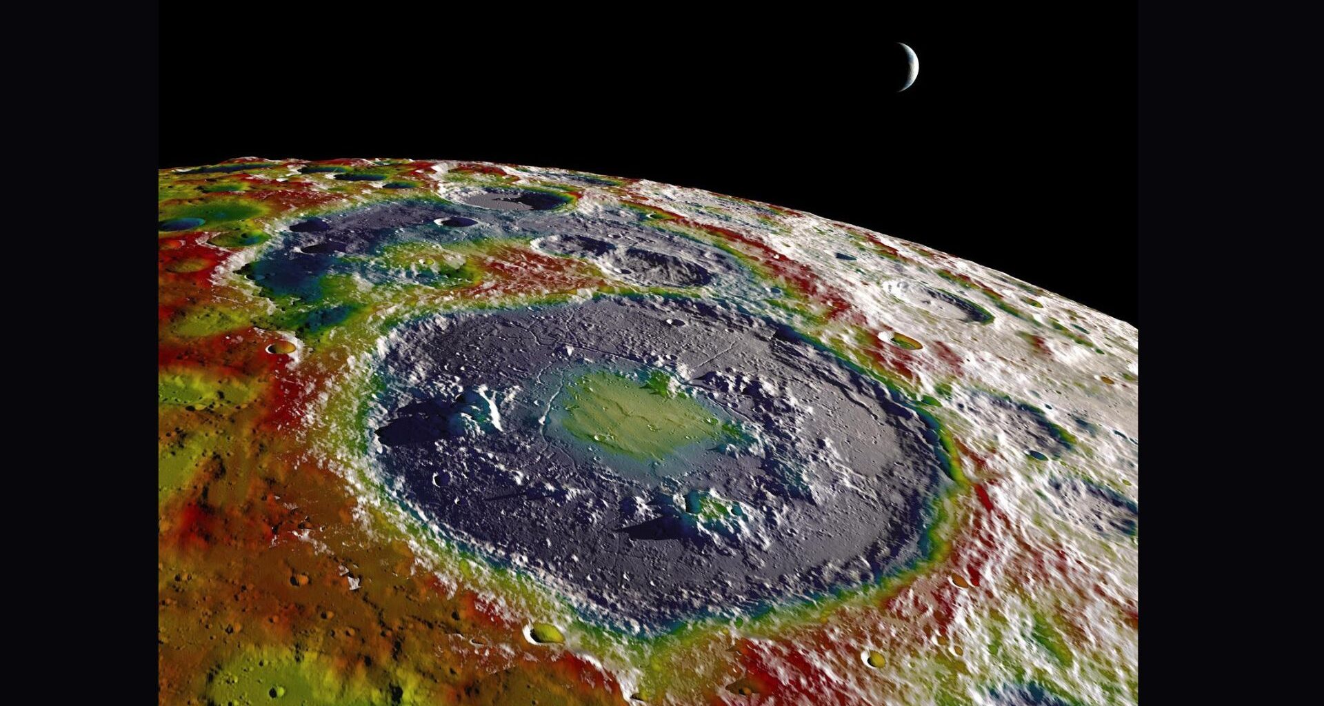 A heat map of the surface of the moon showing a large dark blue circle of a meteorite crater