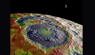 A heat map of the surface of the moon showing a large dark blue circle of a meteorite crater