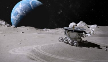 Image depicts an abandoned lunar rover on the surface of the Moon with planet Earth in the background.