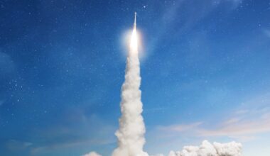A rocket blasts off.