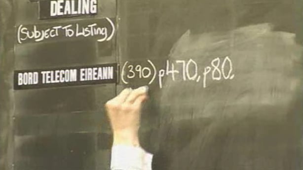 A blackboard showing Telecom Eireann shares