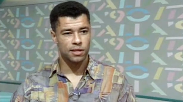 Paul McGrath in a colourful shirt in the RTÉ studio
