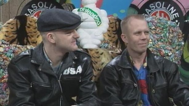 Andy Bell and Vince Clarke of Erasure wearing leather jackets and caps