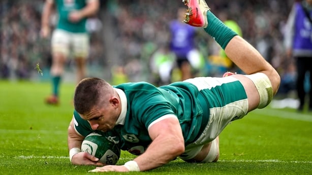 8 November 2025; Nick Timoney of Ireland dives over to score his side's second try during the Quilter Nations Series 2025 match between Ireland and Japan at the Aviva Stadium in Dublin. Photo by Brendan Moran/Sportsfile