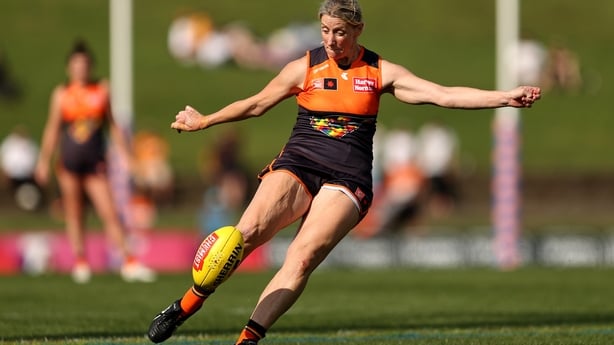 SYDNEY, AUSTRALIA - OCTOBER 16: Cora Staunton of the Giants kicks during the round eight AFLW match between the Greater Western Sydney Giants and the Hawthorn Hawks at Henson Park on October 16, 2022 in Sydney, Australia. (Photo by Brendon Thorne/Getty Images)