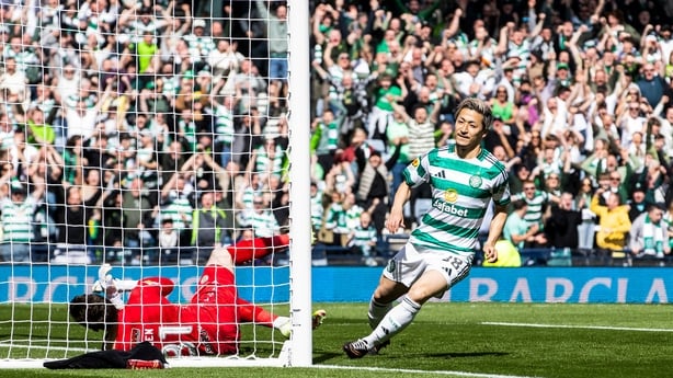 GLASGOW, SCOTLAND - APRIL 19: Celtic's Daizen Maeda celebrates after scoring to make it 1-0 after a mistake from St Mirren Goalkeeper Ryan Mullen during a Scottish Gas Scottish Cup semi-final match between Celtic and St Mirren at Barclays Hampden, on April 19, 2026, in Glasgow, Scotland. (Photo by A