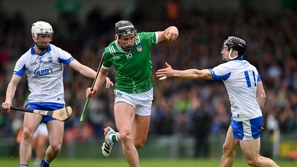 Gearóid Hegarty of Limerick in action against Sean Mackey, left, and Jamie Barron of Waterford - 2026 Munster SHC