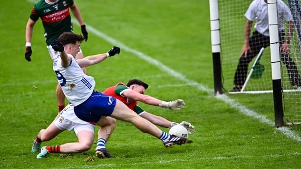 31 May 2026; Bobby McCaul of Monaghan has a shot on goal saved by Mayo goalkeeper Jack Livinstone during the GAA Football All-Ireland Senior Championship Round 1 match between Monaghan and Mayo at St Tiernach's Park in Clones, Monaghan. Photo by Piaras Ó Mídheach/Sportsfile