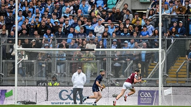Darragh Neary of Galway scores his side's first goal past Dublin goalkeeper Eddie Gibbons during the Leinster GAA Senior Hurling Championship final match between Galway and Dublin at Croke Park in Dublin.