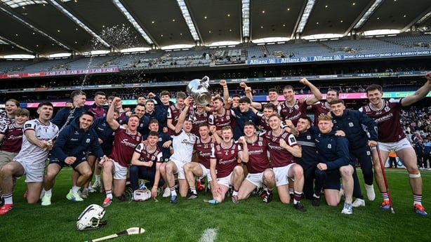 Galway players celebrate with the Bob O'Keeffe Cup after the Leinster GAA Senior Hurling Championship final match between Galway and Dublin at Croke Park in Dublin.