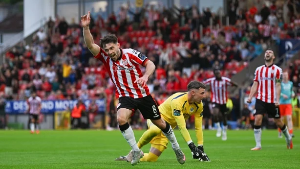 Adam O'Reilly of Derry City celebrates after scoring his side's second goal during the SSE Airtricity Men's Premier Division match between Derry City and Drogheda United at the Ryan McBride Brandywell Stadium in Derry.