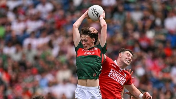 27 June 2026; Kobe McDonald of Mayo in action against Daniel O'Mahony of Cork during the GAA Football All-Ireland Senior Championship quarter-final match between Cork and Mayo at Croke Park in Dublin. Photo by Ramsey Cardy/Sportsfile