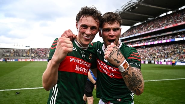 27 June 2026; Kobe McDonald, left, and Jordan Flynn of Mayo celebrate after the GAA Football All-Ireland Senior Championship quarter-final match between Cork and Mayo at Croke Park in Dublin. Photo by Ben McShane/Sportsfile