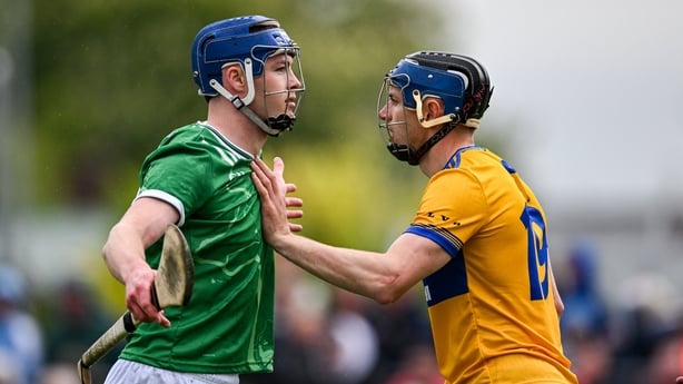 3 May 2026; David McInerney of Clare gets to grips with Shane O'Brien of Limerick during the Munster GAA Senior Hurling Championship Round 3 match between Clare and Limerick at Zimmer Biomet Páirc Chíosóg in Ennis, Clare. Photo by Ray McManus/Sportsfile