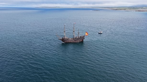 This photo shows a traditional spanish galleon vessel at anchor off sligo