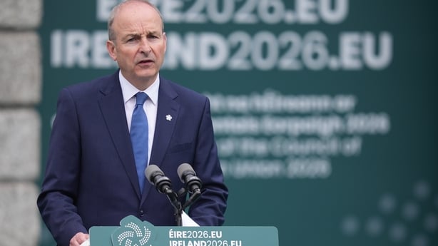 Taoiseach Micheál Martin delivers a speech at Dublin Castle during the opening ceremony of Ireland's EU Presidency