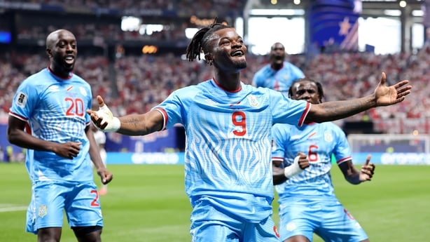 ATLANTA, GEORGIA - JULY 01: Brian Cipenga #9 of Congo DR celebrates scoring his team's first goal during the FIFA World Cup 2026 Round Of 32 match between England and Congo DR at Atlanta Stadium on July 01, 2026 in Atlanta, Georgia. (Photo by Michael Reaves/Getty Images)