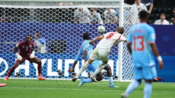 ATLANTA, GEORGIA - JULY 01: Harry Kane #9 of England scores his team's second goal during the FIFA World Cup 2026 Round Of 32 match between England and Congo DR at Atlanta Stadium on July 01, 2026 in Atlanta, Georgia. (Photo by Joosep Martinson - FIFA/FIFA via Getty Images)