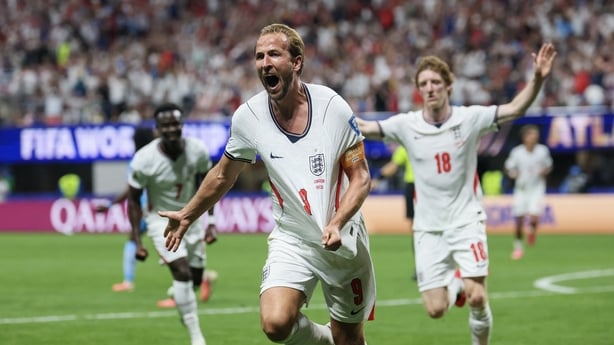 England's forward #09 Harry Kane celebrates scoring his team's second goal during the 2026 World Cup round of 32 match football between England and the Democratic Republic of Congo at the Atlanta Stadium in Atlanta on July 1, 2026. (Photo by Odd ANDERSEN / AFP)