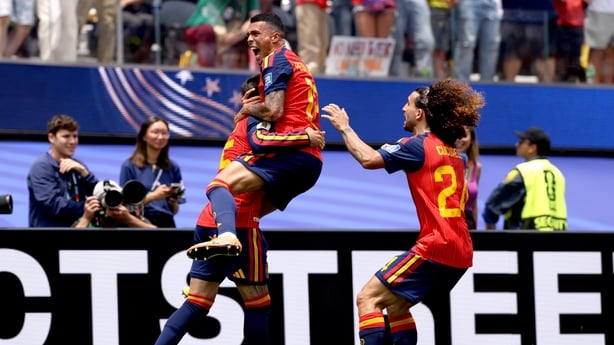 INGLEWOOD, CALIFORNIA - JULY 02: Pedro Porro #12 of Spain celebrates after scoring his team's second goalduring the FIFA World Cup 2026 Round Of 32 match between Spain and Austria at Los Angeles Stadium on July 02, 2026 in Inglewood, California. (Photo by Katelyn Mulcahy - FIFA/FIFA via Getty Images