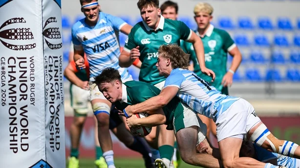 2 July 2026; Charlie O'Shea of Ireland on his way to scoring his side's second try during the World Junior Rugby Championship Pool C match between Ireland and Argentina at Avchala Stadium in Tbilisi, Georgia. Photo by Tamuna Kulumbegashvili/Sportsfile