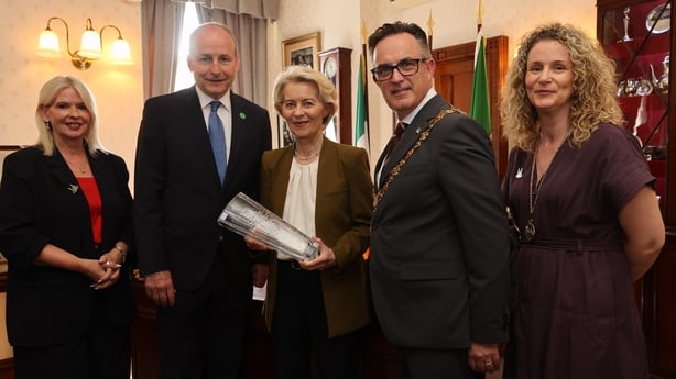 Taoiseach Micheal Martin and European Commission President Ursula von der Leyen are welcomed in City Hall, Cork