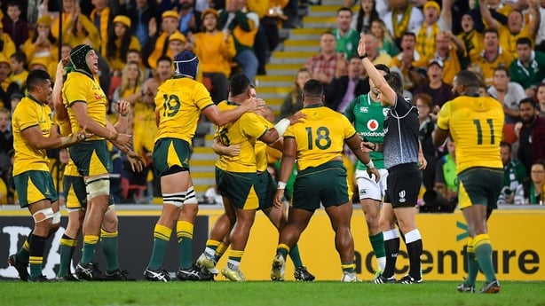 9 June 2018; The Australia pack celebrate after winning a scrum penalty against Ireland during the 2018 Mitsubishi Estate Ireland Series 1st Test match between Australia and Ireland at Suncorp Stadium, in Brisbane, Australia. Photo by Brendan Moran/Sportsfile