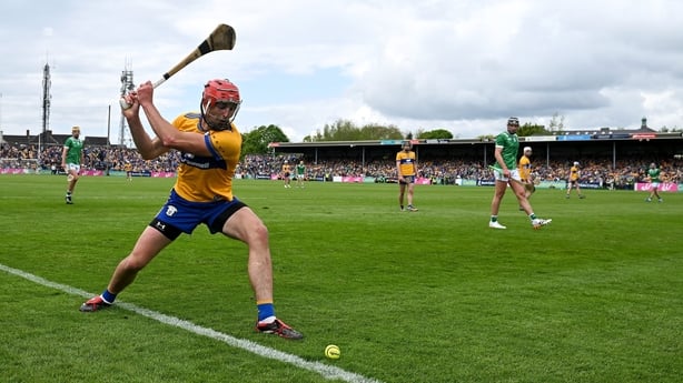 3 May 2026; Peter Duggan of Clare takes a sideline cut during the Munster GAA Senior Hurling Championship Round 3 match between Clare and Limerick at Zimmer Biomet Páirc Chíosóg in Ennis, Clare. Photo by Brendan Moran/Sportsfile