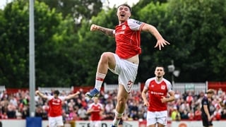 Ryan Edmondson of St Patrick's Athletic celebrates after scoring his side's first goal during the SSE Airtricity Men’s Premier Division match between St Patrick's Athletic and Galway United at Richmond Park in Dublin.