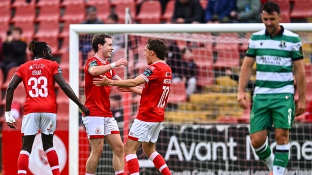 3 July 2026; Will Fitzgerald of Sligo Rovers, centre, celebrates with team-mates Jeannot Esua, 33, and Archie Meekison after scoring their side's first goal during the SSE Airtricity Men's Premier Division match between Sligo Rovers and Shamrock Rovers at The Showgrounds in Sligo. Photo by Piaras Ó