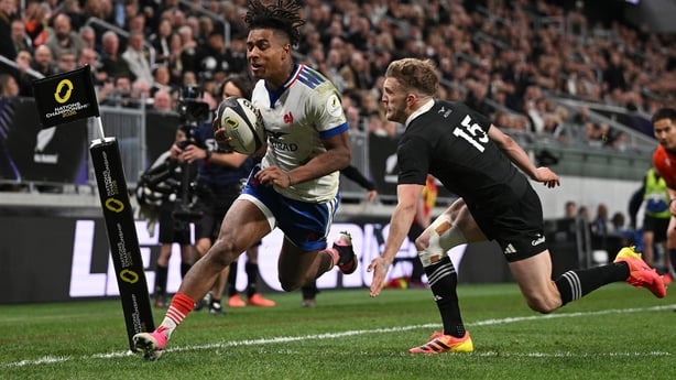 CHRISTCHURCH, NEW ZEALAND - JULY 04: Theo Attissogbe of France scores his team's fourth try during the Nations Championship match between New Zealand All Blacks and France at One New Zealand Stadium, on July 04, 2026 in Christchurch, New Zealand. (Photo by Joe Allison - Nations Championship/Nations