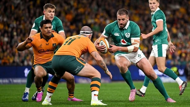 4 July 2026; Stuart McCloskey of Ireland in action against Dylan Pietsch of Australia during the 2026 Nations Championship Round One match between Australia and Ireland at Allianz Stadium in Sydney, Australia. Photo by Brendan Moran/Sportsfile