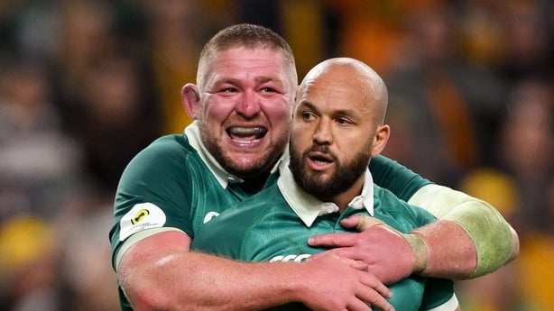 4 July 2026; Jamison Gibson-Park celebrates with his Ireland team-mate Tadhg Furlong, left, after scoring his side's third try during the 2026 Nations Championship Round One match between Australia and Ireland at Allianz Stadium in Sydney, Australia. Photo by Brendan Moran/Sportsfile