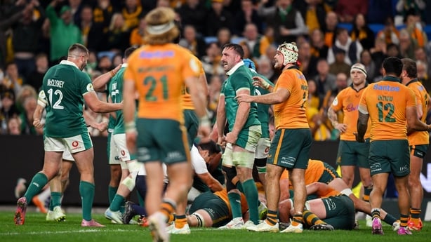 4 July 2026; Jack Conan of Ireland celebrates his side's fifth try scored by Thomas Clarkson during the 2026 Nations Championship Round One match between Australia and Ireland at Allianz Stadium in Sydney, Australia. Photo by Brendan Moran/Sportsfile