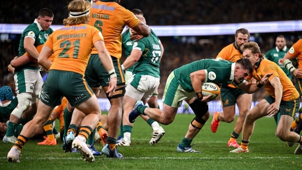 4 July 2026; Dan Sheehan of Ireland scores a try, which was subsequently ruled out, during the 2026 Nations Championship Round One match between Australia and Ireland at Allianz Stadium in Sydney, Australia. Photo by Brendan Moran/Sportsfile