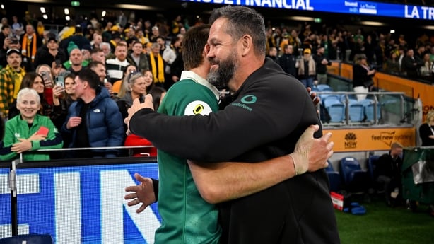 4 July 2026; Ireland head coach Andy Farrell and Sam Prendergast after the 2026 Nations Championship Round One match between Australia and Ireland at Allianz Stadium in Sydney, Australia. Photo by Brendan Moran/Sportsfile