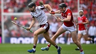 4 July 2026; Jason Rabbitte of Galway in action against Seán O'Donoghue of Cork during the GAA Hurling All-Ireland Senior Championship semi-final match between Cork and Galway at Croke Park in Dublin. Photo by Seb Daly/Sportsfile