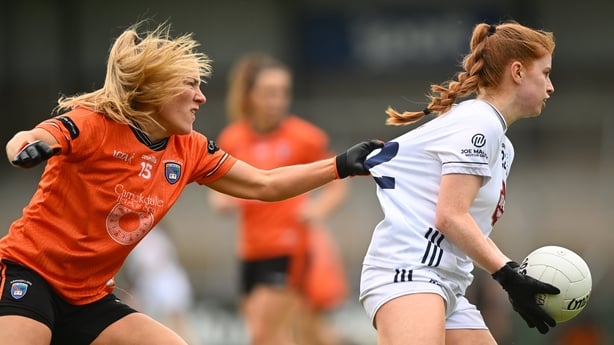 4 July 2026; Mia Doherty of Kildare is tackled by Kelly Mallon of Armagh during the LGFA TG4 All-Ireland Senior Championship quarter-final match between Armagh and Kildare at BOX-IT Athletic Grounds in Armagh. Photo by Shauna Clinton/Sportsfile 