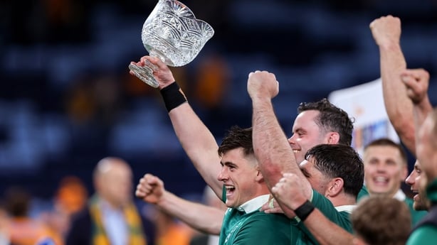 4 July 2026; Ireland captain Dan Sheehan lifts the Lansdowne Cup after the 2026 Nations Championship Round One match between Australia and Ireland at Allianz Stadium in Sydney, Australia. Photo by Steve Christo/Sportsfile