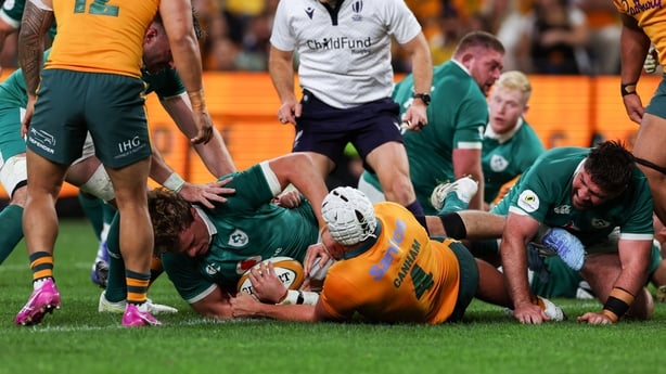 4 July 2026; Cian Prendergast of Ireland scores his side's first try during the 2026 Nations Championship Round One match between Australia and Ireland at Allianz Stadium in Sydney, Australia. Photo by Steve Christo/Sportsfile