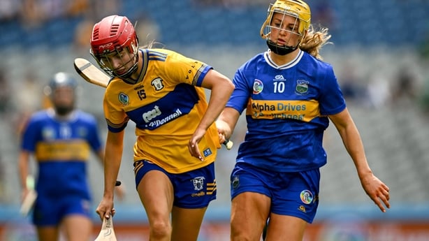 5 July 2026; Jennifer Daly of Clare is tackled by Eimear Heffernan of Tipperary during the Glen Dimplex All-Ireland Senior Camogie Championship quarter-final match between Tipperary and Clare at Croke Park in Dublin. Photo by Ray McManus/Sportsfile
