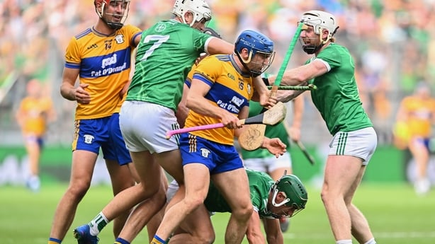 Dublin , Ireland - 5 July 2026; Players tussle during the GAA Hurling All-Ireland Senior Championship semi-final match between Clare and Limerick at Croke Park in Dublin. (Photo By Piaras Ó Mídheach/Sportsfile via Getty Images)