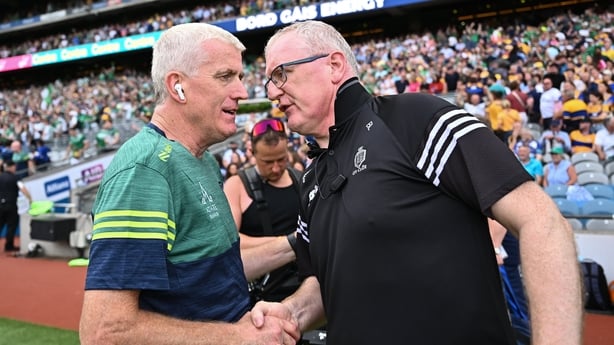 5 July 2026; Limerick manager John Kiely, left, and Clare manager Brian Lohan shake hands after the GAA Hurling All-Ireland Senior Championship semi-final match between Clare and Limerick at Croke Park in Dublin. Photo by Piaras Ó Mídheach/Sportsfile