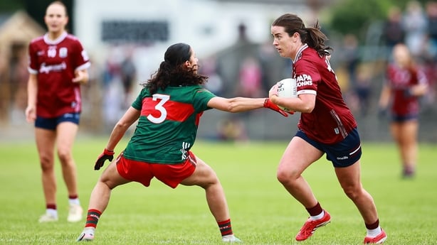 Róisín Leonard of Galway in action against Sherin El Massry of Mayo during the LGFA TG4 All-Ireland Senior Championship quarter-final match between Galway and Mayo at Tuam Stadium in Tuam, Galway.