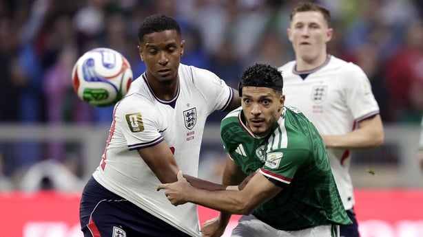Ezri Konsa of England, Raul Jimenez of Mexico during the World Cup match between Mexico v England at the Mexico City Stadium on July 5, 2026 in Mexico City Mexico.