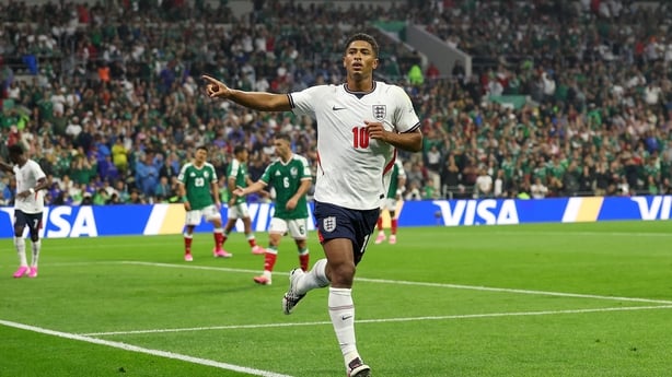 Jude Bellingham #10 of England celebrates scoring his team's first goal during the FIFA World Cup 2026 Round of 16 match between Mexico and England at Mexico City Stadium on July 05, 2026 in Mexico City, Mexico.