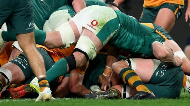 4 July 2026; Thomas Clarkson of Ireland, hidden, scores his side's final try during the 2026 Nations Championship Round One match between Australia and Ireland at Allianz Stadium in Sydney, Australia. Photo by Brendan Moran/Sportsfile