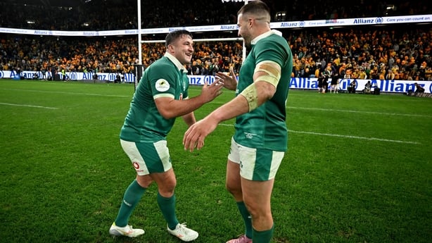 4 July 2026; Thomas Clarkson, left, and Stuart McCloskey of Ireland celebrate after the 2026 Nations Championship Round One match between Australia and Ireland at Allianz Stadium in Sydney, Australia. Photo by Brendan Moran/Sportsfile